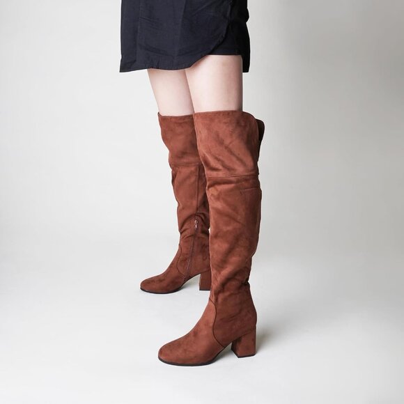 🆕J.Adams Brown Vegan Suede Over The Knee Trendy Low Block Heel Thigh High Boots - Picture 8 of 8